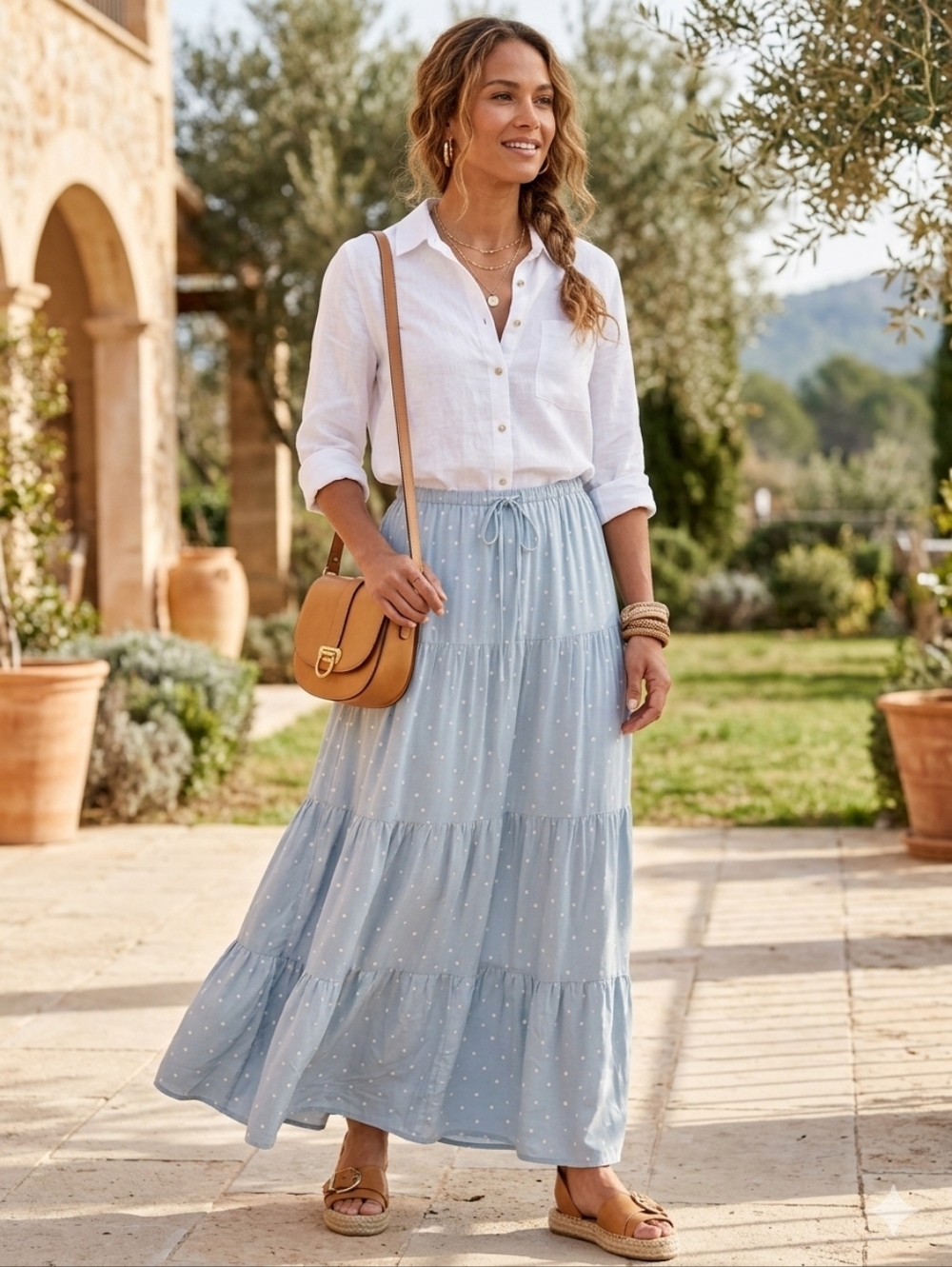 Aeropostale Women’s Light Blue Tiered Maxi Skirt with Dotted Print